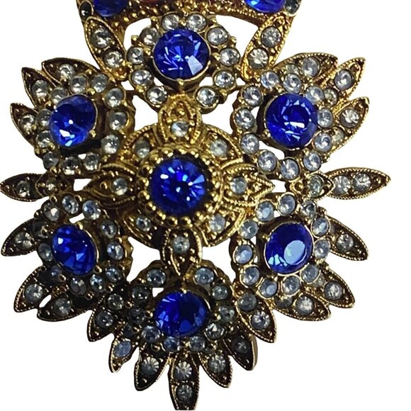 JOAN RIVERS Vintage Royal Monarch Maltese Cross Gold Blue Red Brooch Signed - Picture 5 of 15